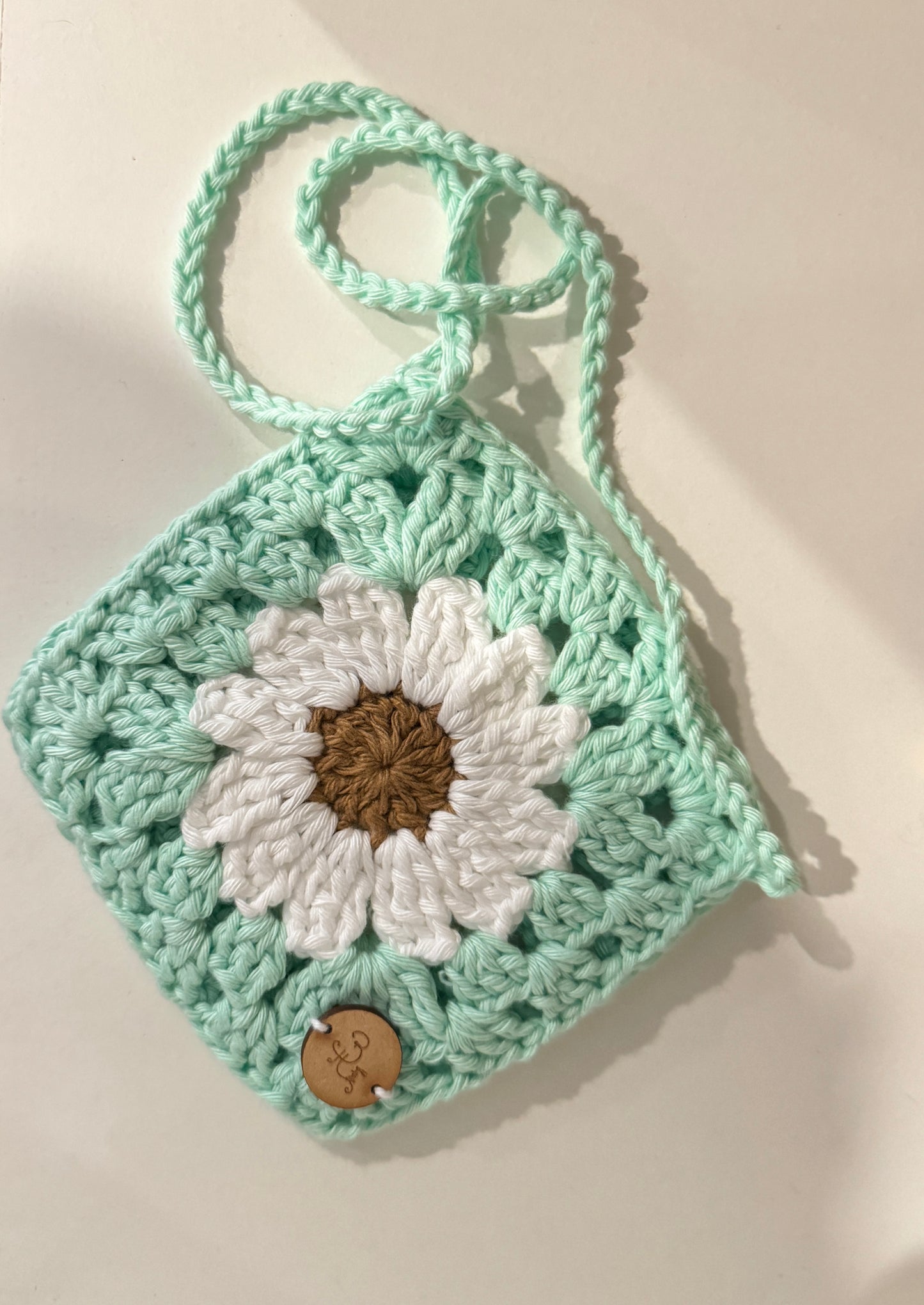 Daisy Granny Square Mini Bag Pouch ~ Teal, White and Brown