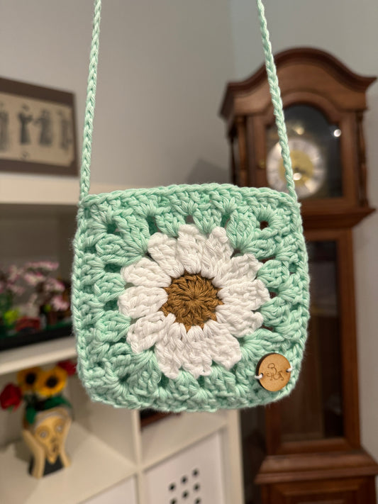 Daisy Granny Square Mini Bag Pouch ~ Teal, White and Brown