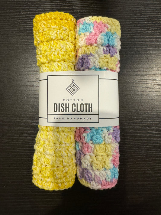 Cotton Dishcloth ~ Handmade, Eco Friendly Cloths 2 Pack ~ Yellow and Pastel Rainbow